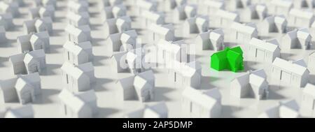 Il verde e la casa bianca, di caccia, di ricerca e di scelta di nuova casa la minima nozione. Banner panoramico, rendering 3D Foto Stock