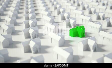 Il verde e la casa bianca, di caccia, di ricerca e di scelta di nuova casa la minima nozione. Il rendering 3D Foto Stock