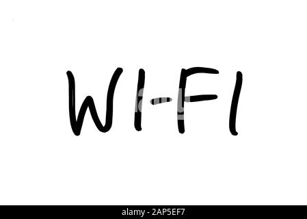 WI-FI manoscritta su uno sfondo bianco. Foto Stock