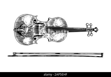 Jazz violino e archetto in monocromia incisi in stile vintage. Disegnata a mano fiddle schizzo per il blues e il ragtime festival poster. Musicale a corde classica Illustrazione Vettoriale