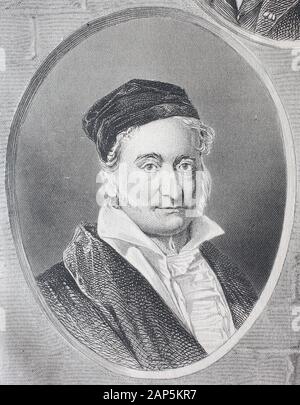 Johann Carl Friedrich Gauss, 30 Aprile 1777 - 23 febbraio 1855, era un matematico tedesco e un fisico / Johann Carl Friedrich gauss, deutscher Mathematiker, Statistiker, Astronom, Geodät und Physiker, Historisch, digitale migliorata la riproduzione di un originale del XIX secolo / digitale Reproduktion einer Originalvorlage aus dem 19. Jahrhundert Foto Stock