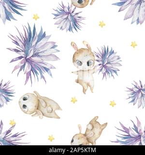 Disegno di motivo senza giunture di Pasqua con coniglietti cute acquerello illustrazione colorata con fiori blu e coniglietto su sfondo bianco. Clip per bambini Foto Stock