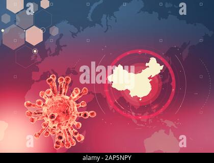 Vista microscopica del coronavirus, un patogeno che attacca le vie respiratorie. Analisi e test, sperimentazione. La Sars. 3D render Foto Stock