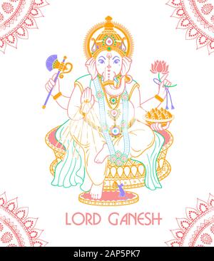 Signore Ganesh. Ganesh Puja. Ganesh Chaturthi. Esso è utilizzato per la Postcard, stampe, tessili, tattoo. Illustrazione Vettoriale