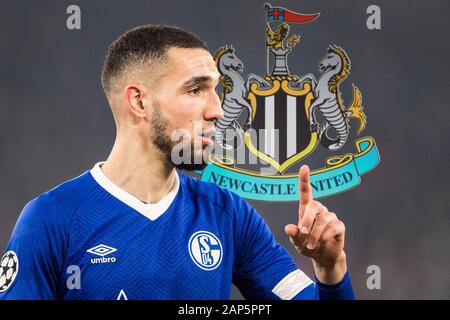 Gelsenkirchen, Deutschland. Xxi gen, 2020. Fotomontaggio; Nabil BENTALEB si muove a Newcastel United in Premier League archivio fotografico: Nabil BENTALEB (GE) gesto, gestured partite di Champions League round di 16 prima gamba, FC Schalke 04 (GE) - Manchester City (ManCity) 2: 3, su 20.02.2019 a Gelsenkirchen/Germania, | Utilizzo di credito in tutto il mondo: dpa/Alamy Live News Foto Stock