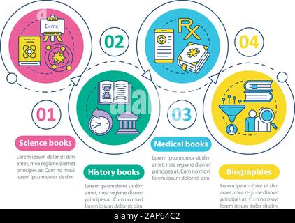 Catalogo libri infografico vettore modello. Generi. Presentazione aziendale gli elementi di design. Per la visualizzazione di dati con 4 passaggi e opzioni. Procedimento timel Illustrazione Vettoriale