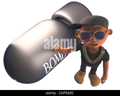 Cartoon 3d rapper hiphop in cappellino da baseball accanto a una bomba nucleare, illustrazione 3d rendering Foto Stock