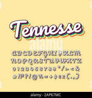 Tennessee vintage vettore 3d caratteri. Retrò grassetto font, il carattere tipografico. La Pop art testo stilizzato. In stile vecchia scuola lettere, numeri, simboli, elementi pack. 90s Illustrazione Vettoriale