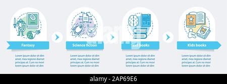Catalogo libri infografico vettore modello. Generi. Presentazione aziendale gli elementi di design. Per la visualizzazione di dati con 4 passaggi e opzioni. Procedimento timel Illustrazione Vettoriale