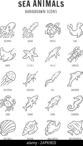 Gli animali del mare lineare set di icone. La tartaruga, meduse, aragosta, butterflyfish. Fauna subacquea. Ocean abitanti. Linea sottile simboli di contorno. V isolata Illustrazione Vettoriale