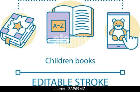 Libri per bambini concetto icona. La letteratura per bambini idea sottile linea illustrazione. Favole, libri illustrati con foto. Istruzione prescolare esercita. Vect Illustrazione Vettoriale