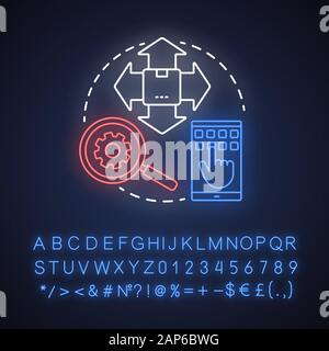 Estendere catalogo prodotti luce al neon concetto icona. Online business idea. Servizio dropshipping. Prodotto crescente selezione di pagina. Segno incandescente con alfa Illustrazione Vettoriale