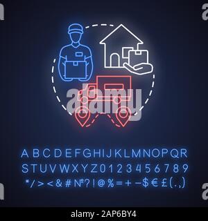 Spedizione di luce al neon concetto icona. Spedizione pacchi idea. La logistica di distribuzione. Il servizio di trasporto e la consegna a casa. Segno incandescente con alfabeto, Illustrazione Vettoriale