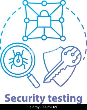 Testing di sicurezza concetto icona. Audit della sicurezza. Affidabilità della chiave e la difesa antivirus. Intrusione protezione dati idea sottile linea illustrazione. Vector isol Illustrazione Vettoriale