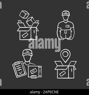 Consegna chalk set di icone. Confezionamento di pacchi, deliveryman, ordinare spedizioni e tracking. Servizio di spedizione. Logistica e Distribuzione. Vettore isolato chal Illustrazione Vettoriale