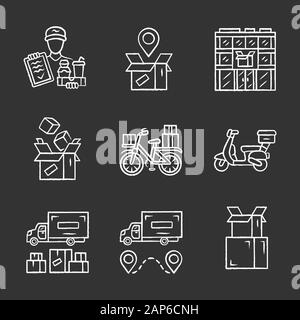 Consegna chalk set di icone. Tracking dei pacchi, ufficio postale, cartone per imballaggio. Le merci pesanti spese di spedizione carrello. Scooter, noleggio consegna. Isolato Illustrazione Vettoriale