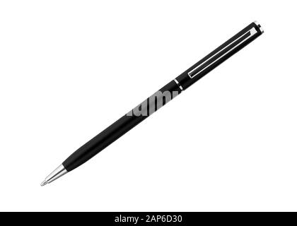 Penna metallica isolata su sfondo bianco. Penna a sfera nera Foto Stock