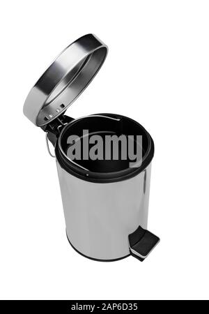 I rifiuti metallici possono aprirsi su sfondo bianco. Contenitore per rifiuti. Cestino. Foto Stock