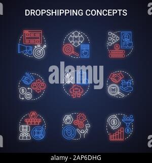 Dropshipping i concetti di luce al neon concetto set di icone. Online business idea. Focus sul marketing, si estendono catalogo prodotti, costruire relazioni con supplie Illustrazione Vettoriale