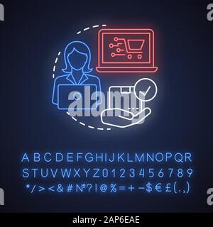 Il cliente di luce al neon concetto icona. Shopping online idea. Client scegliendo prodotti in Product Catalog. Ordinazione in Internet store. Segno incandescente con alphab Illustrazione Vettoriale