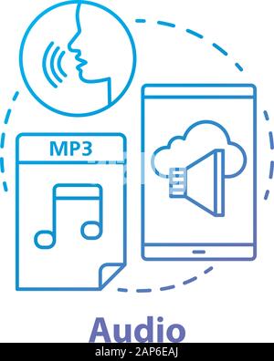 Audio concetto blu icona. Ascolto e udito idea di informazione linea sottile illustrazione. Brani, audiolibri, discorso. Registrazioni stereo, suoni musicali e file Illustrazione Vettoriale