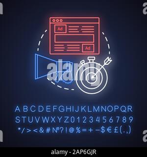 Focus sul marketing e sulla luce al neon concetto icona. Individuazione della strategia di mercato idea. La promozione delle imprese, il raggiungimento degli obiettivi. Segno incandescente con alfabeto, numeri Illustrazione Vettoriale