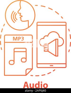 Audio concetto rosso icona. Ascolto e udito idea di informazione linea sottile illustrazione. Brani, audiolibri, discorso. Registrazioni stereo, suoni musicali e file Illustrazione Vettoriale