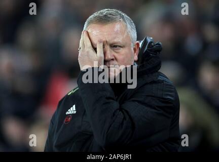 Sheffield Regno manager Chris Wilder prima della Premier League a Bramall Lane, Sheffield. Foto Stock