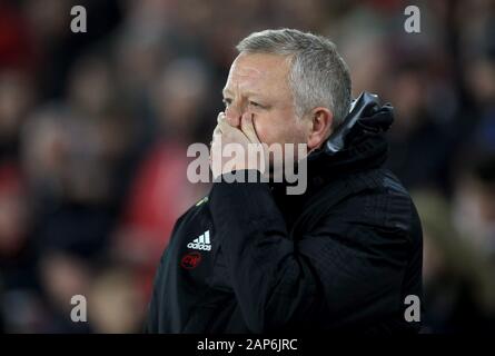 Sheffield Regno manager Chris Wilder prima della Premier League a Bramall Lane, Sheffield. Foto Stock