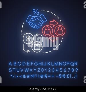 Costruire relazioni con i fornitori di luce al neon concetto icona. Accordo di business idea. Gestione dropshipping. Segno incandescente con alfabeto, numeri e Illustrazione Vettoriale