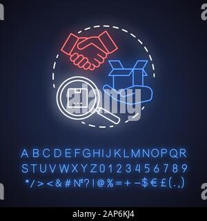 Trovare il prodotto di luce al neon concetto icona. Dropshipping idea di servizio. Ricerca di beni. Shopping online. Erogazione di pacchetto. Segno incandescente con alfabeto, num Illustrazione Vettoriale