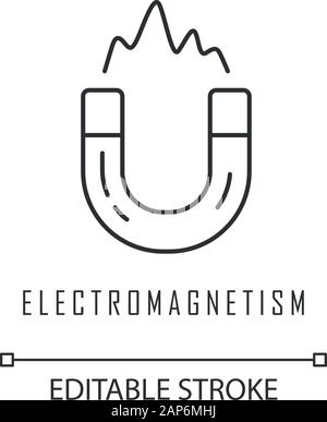 Elettromagnetismo icona lineare. La forza elettromagnetica. Campo magnetico fenomeni fisici. Il magnete a ferro di cavallo. Linea sottile illustrazione. Simbolo di contorno. Vect Illustrazione Vettoriale