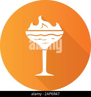 Flaming cocktail orange design piatto lungo ombra glifo icona. Martini di vetro con una bevanda e di fuoco ardente. Bere con infiammabile ottima prova di alcol. Vec Illustrazione Vettoriale