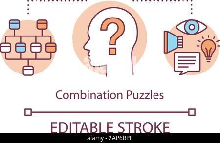 Combinazione di concetto puzzle icona. Gioco di strategia algoritmo di risoluzione di idea di una linea sottile illustrazione. Diversi tipi di puzzle di sintesi. La soluzione del problema. Vec Illustrazione Vettoriale