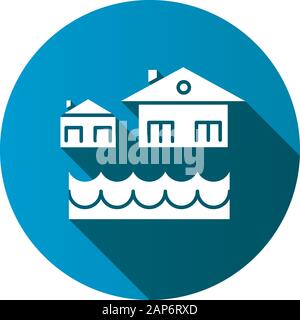 Alluvione design piatto lungo ombra glifo icona. Traboccamento dell'acqua. Casa di affondamento. Edificio sommerso. Località di allagamento. Innalzamento del livello del mare. In caso di calamità naturali. V Illustrazione Vettoriale