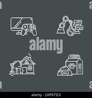 E commerce servizi Chalk set di icone. Shopping online. Categorie di commercio al dettaglio. Materiali di consumo di PET. La casa e il giardino. Commerciale e Industriale. Video giochi e co Illustrazione Vettoriale