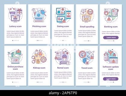 I tipi di truffa di onboarding mobile app schermo pagina con concetti lineari. Dieci procedure dettagliate fornite istruzioni grafiche. Viaggiare, bancario truffa. Spoofing della posta elettronica. U Illustrazione Vettoriale