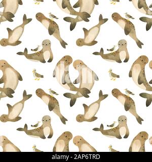 Ripetizione senza giunture. Illustrazione acquerello con guarnizione cute su sfondo bianco Foto Stock