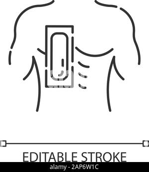 Petto di ceratura icona lineare. Capelli maschio durante la procedura di rimozione. Depilazione con morbido naturale, cera fredda striscia. Linea sottile illustrazione. Simbolo di contorno. Vettore è Illustrazione Vettoriale