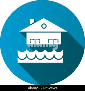 Diluvio blue design piatto lungo ombra glifo icona. Traboccamento dell'acqua. Casa di affondamento. Edificio sommerso. Località di allagamento. Innalzamento del livello del mare. Disast naturale Illustrazione Vettoriale