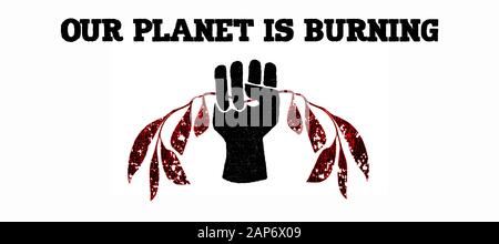 Il nostro pianeta sta bruciando del testo. Concetto di crisi del cambiamento climatico Foto Stock