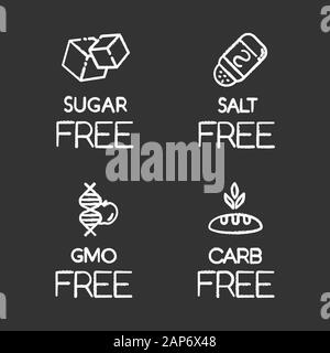 Prodotto ingrediente libero chalk set di icone. Senza zucchero, sale, OGM, i carboidrati. Alimenti biologici. Non stagionato, pasti non zuccherato. Integratore senza allergeni e swee Illustrazione Vettoriale