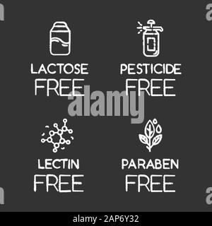 Prodotto ingrediente libero chalk set di icone. Assenza di lattosio, pesticidi, lectina, parabene. Alimenti biologici. Non-chimico farmaceutico. Integratore senza allergeni Illustrazione Vettoriale