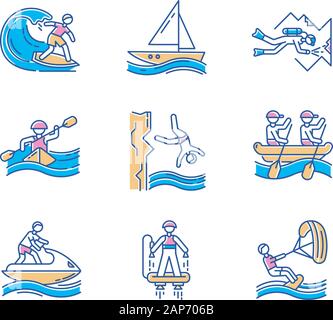 Sport acquatici le icone a colori set. Grotta immersioni subacquee, surf, flyboarding e vela. Cliff diving, kayak e windsurf. Extreme tipi di sport. Estate essere Illustrazione Vettoriale