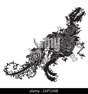 Silhouette di un Tirannosauro Rex skeleton con Fiori su fondo bianco. Illustrazione Vettoriale