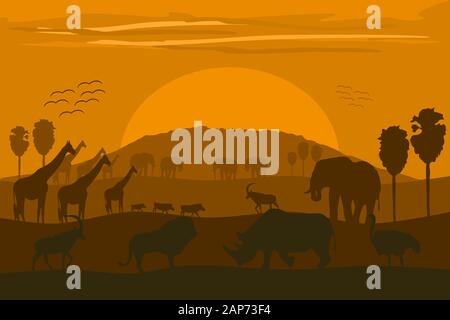 Illustrazione vettoriale: Paesaggio africano classico con animali selvatici e Kilimanjaro. Illustrazione Vettoriale