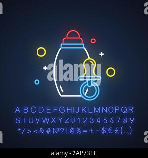 Baby Care luce al neon icona. Prodotti per il neonato. Succhiotto, biberon. E Commerce Department, categorie di negozi. Segno incandescente con alfabeto, numero Illustrazione Vettoriale