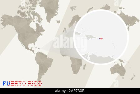 Zoom su Puerto Rico mappa e bandiera. Mappa del mondo. Illustrazione Vettoriale