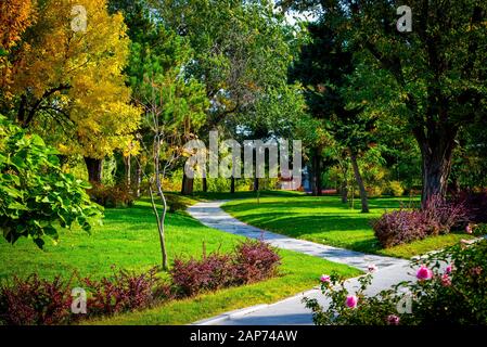 Le aiuole, percorso di erba e ornamentali in vaso in un giardino formale. Foto Stock