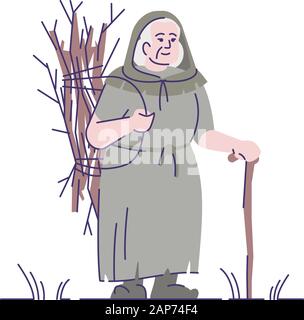 Medieval old Lady con sottobosco piatta illustrazione vettoriale. Donna matura nella storica costume contadina che trasportano i ramoscelli secchi isolato personaggio dei fumetti con Illustrazione Vettoriale